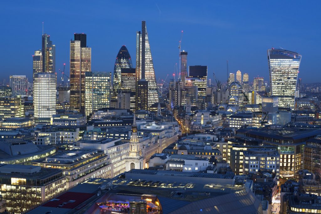 Financial district of London at night, England,